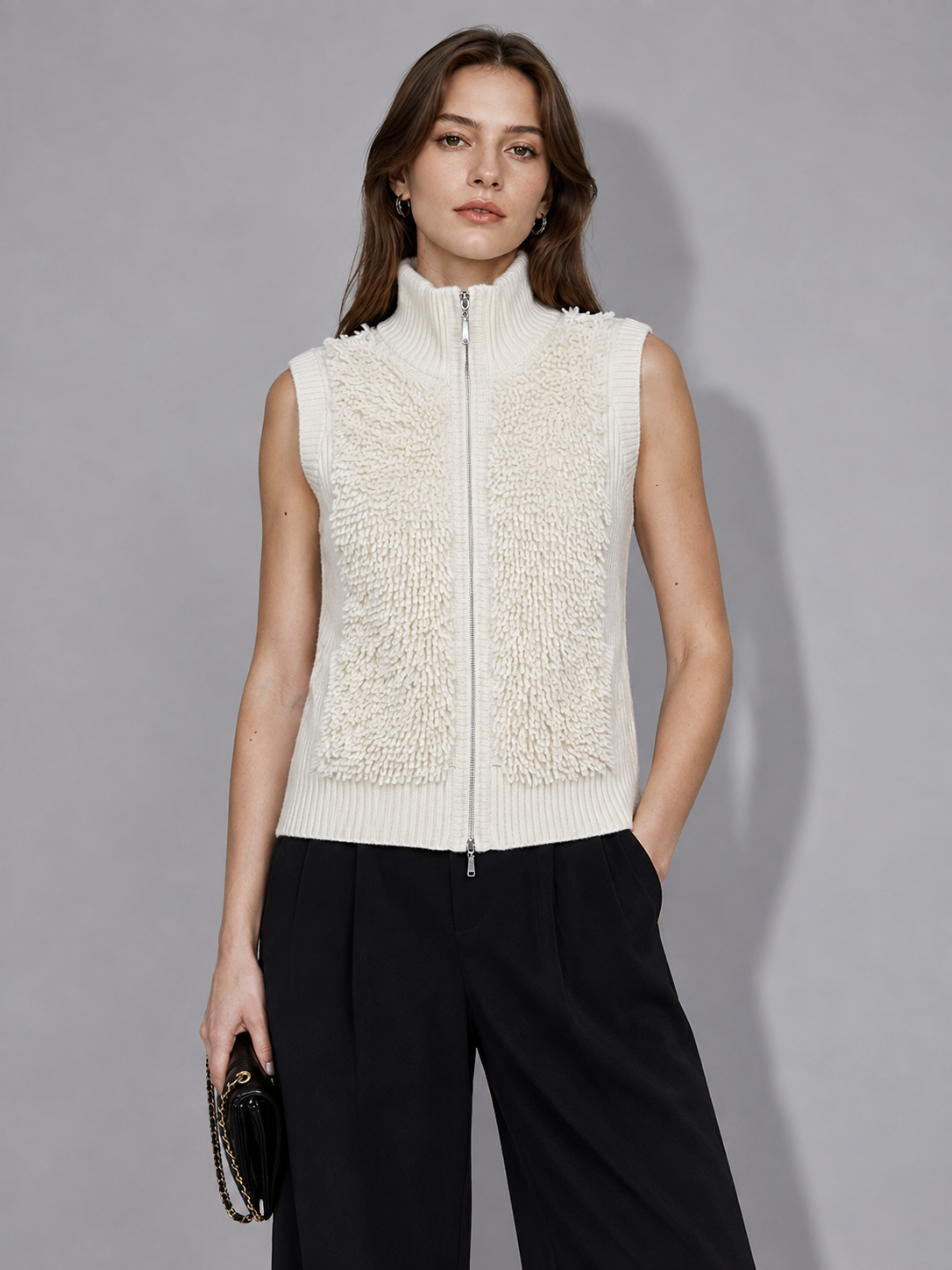 Womens Sleeveless Knit Vest Zip Up Stand Collar Textured Sweater Gilet Ladies Slim Fit Autumn Winter Knitted Waistcoat