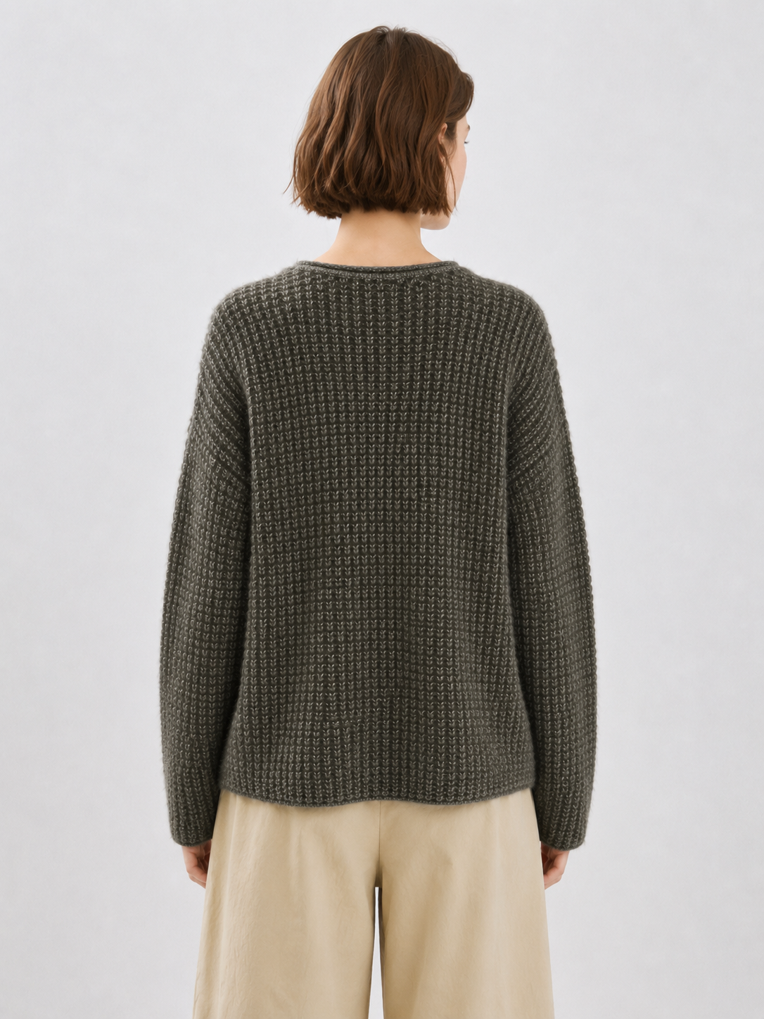 Waffle Knit Mohair Sweater Women Olive Green Textured Chunky Crew Neck Oversized Drop Shoulder Pullover Fuzzy Jumper