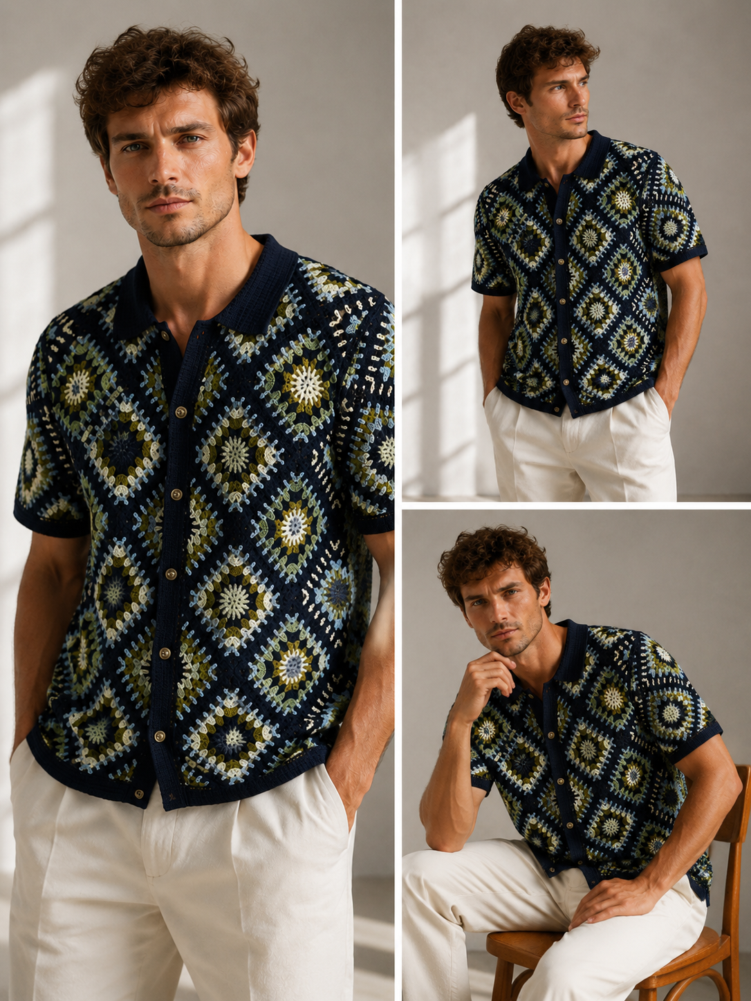 Summer Casual Short-sleeved Knit Cardigan for Men Color Blocking, Openwork Crochet Cardigan POLO