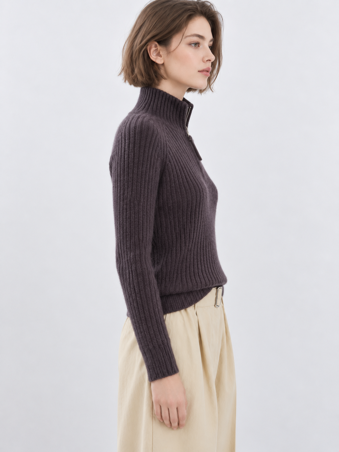 Women's Ribbed Knit Sweater Half Zip Mock Neck Long Sleeve Slim Fit Pullover Casual Winter Jumper