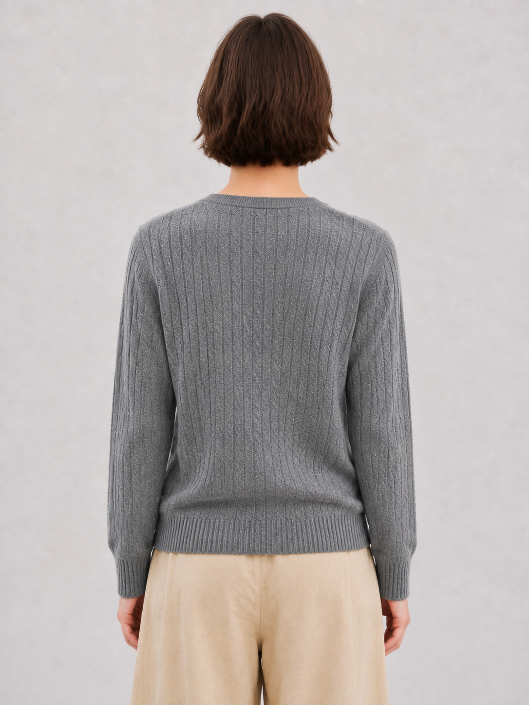 Womens Cable Knit Sweater Crew Neck Pullover Heather Grey Ribbed Trim Loose Ladies Jumper Autumn Winter Knitwear Top