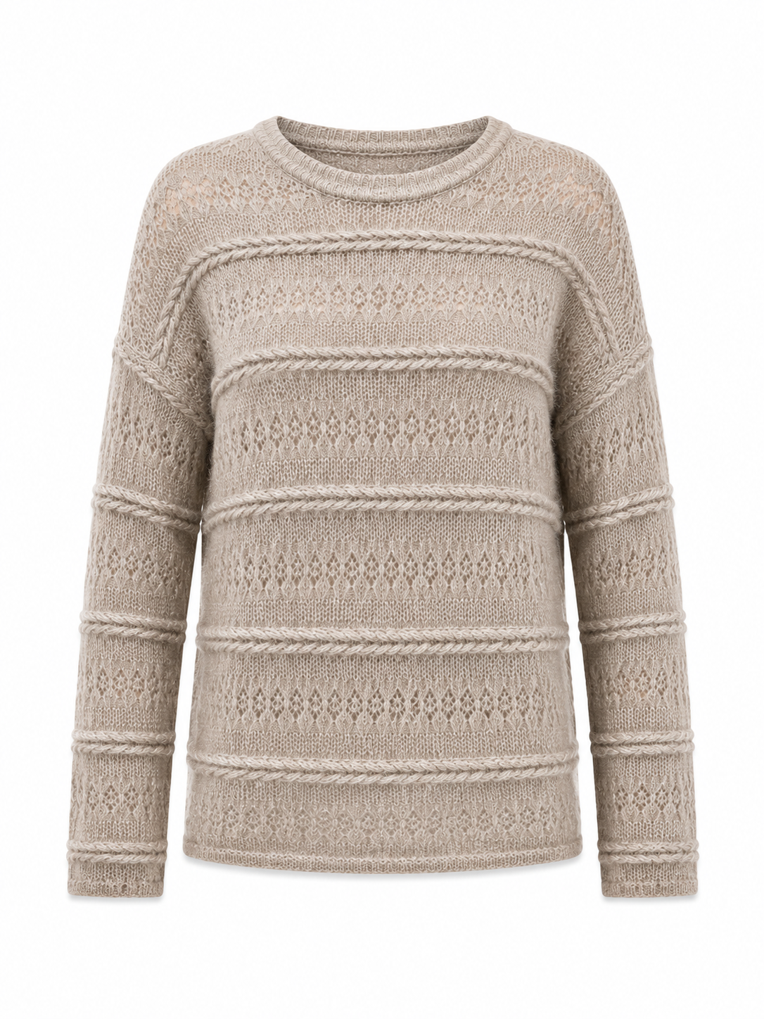 Quiet Luxury Pointelle Knit Sweater Women Oatmeal Hollow Out Striped Mohair Blend Crew Neck Loose Fit Pullover Jumper