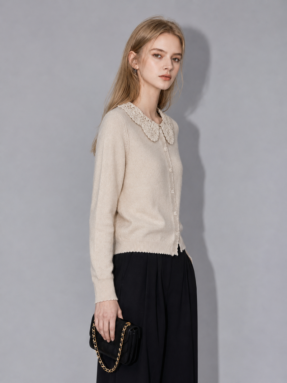 Women's dress with a babydoll collar, wool and cashmere knitted sweater with a collar, cardigan