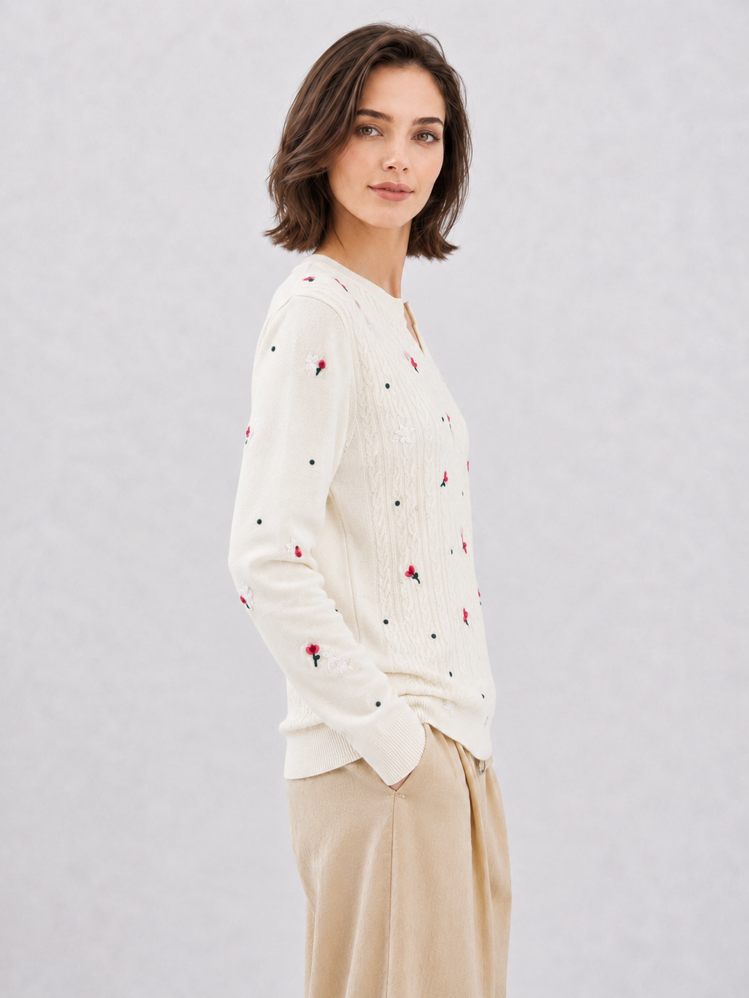 Womens Floral Embroidered Cable Knit Sweater Notch V Neck Pullover Ivory Ladies Jumper Autumn Winter Knitwear Top