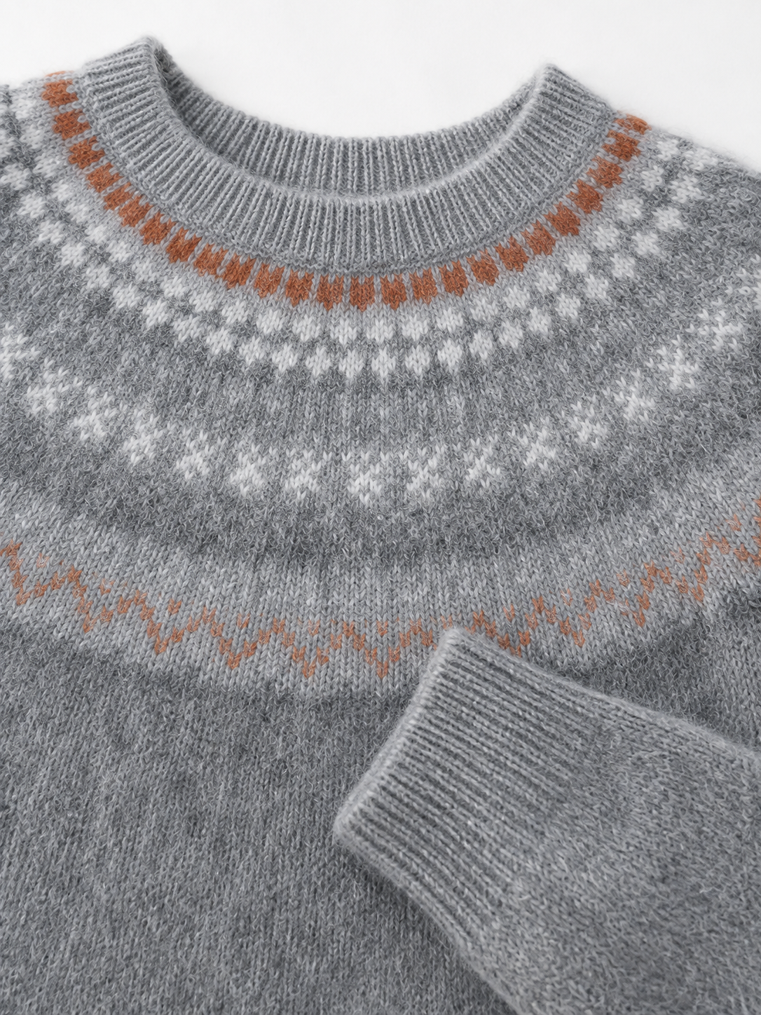 Women Fair Isle Sweater Nordic Jacquard Yoke Knit Pullover Ladies Crew Neck Fuzzy Jumper Grey Winter Knitwear