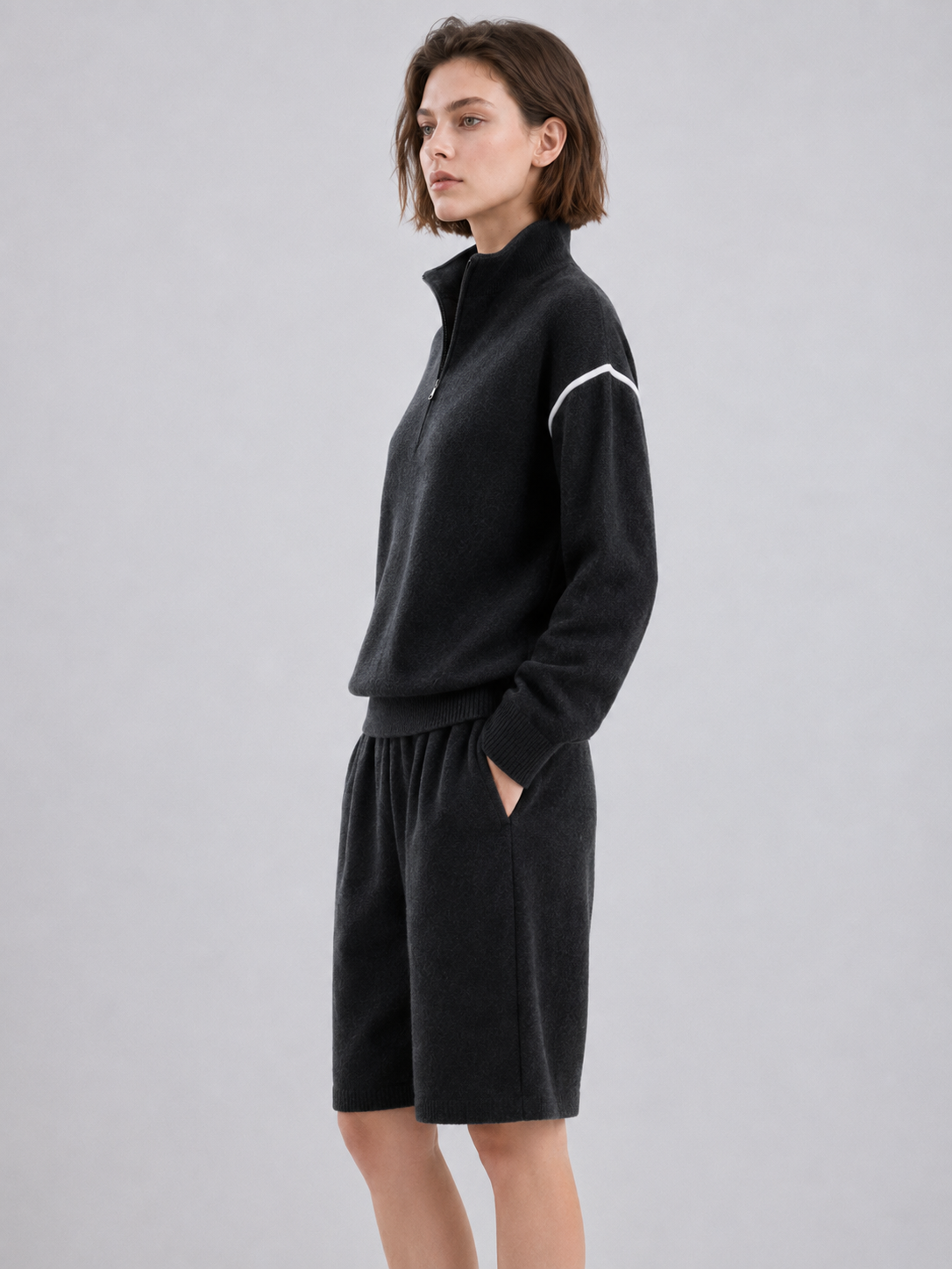 Women's Two Piece Knit Shorts Set Half Zip Mock Neck Pullover and Elastic Waist Bermuda Shorts Casual Outfit