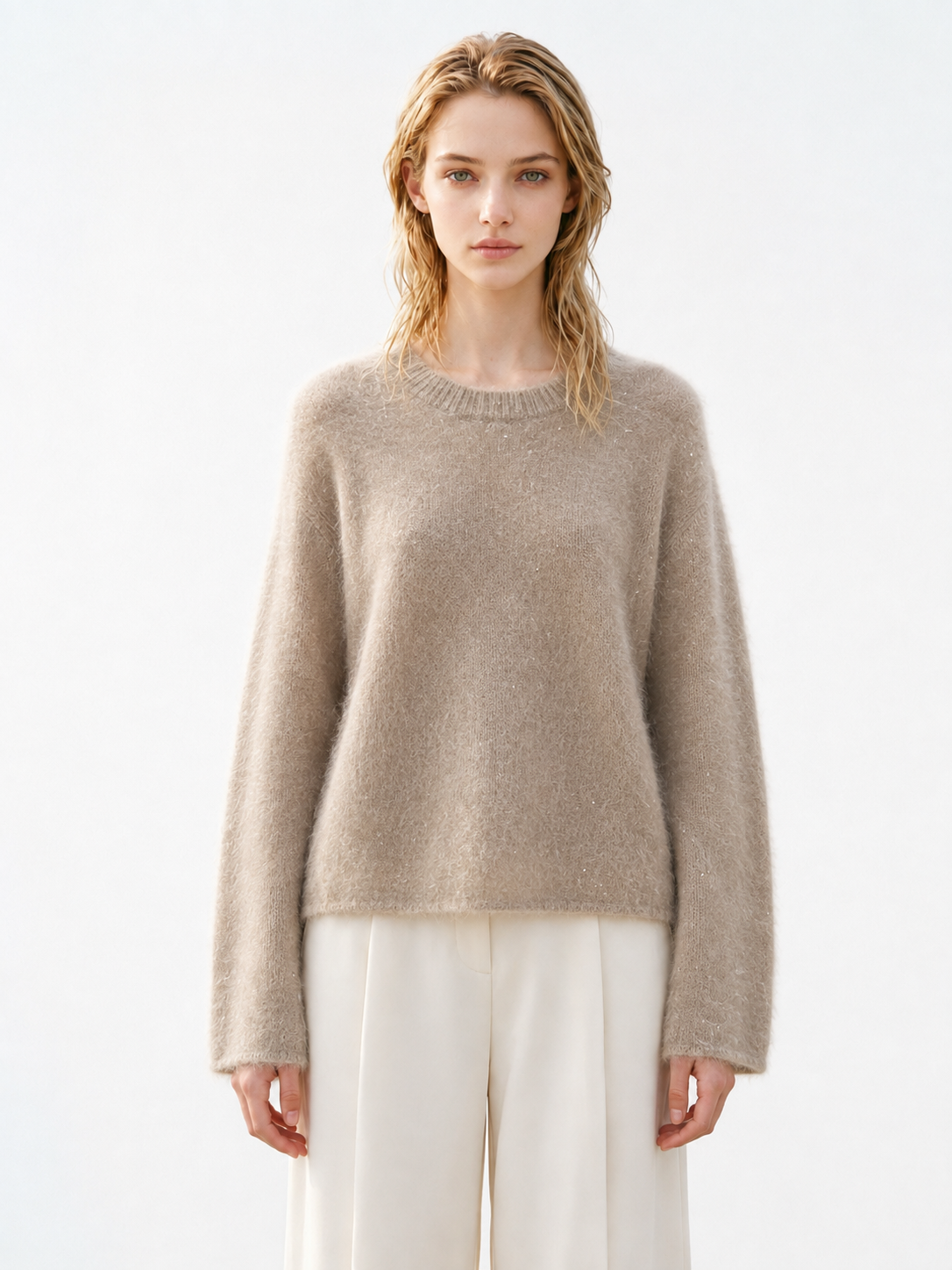 Women Fuzzy Knit Sweater Crew Neck Mohair Blend Pullover Ladies Oatmeal Beige Jumper Soft Hairy Autumn Winter Knitwear