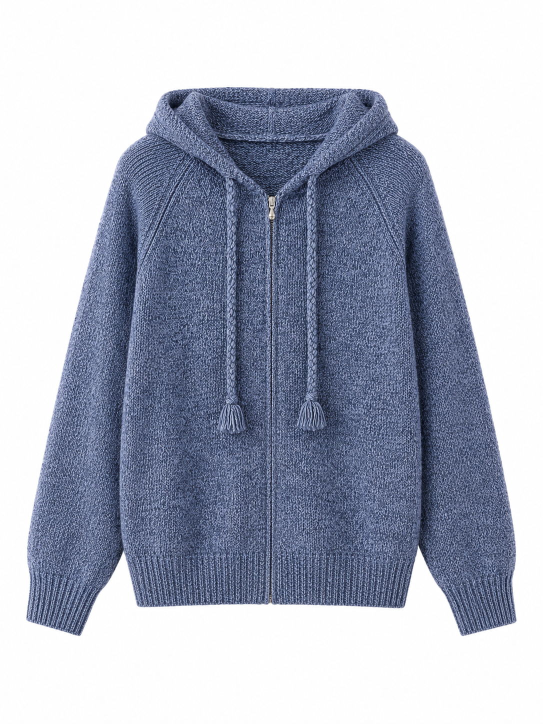 Soft Wool Hooded Knit Sweater – Minimalist Blue Pullover Hoodie for Women