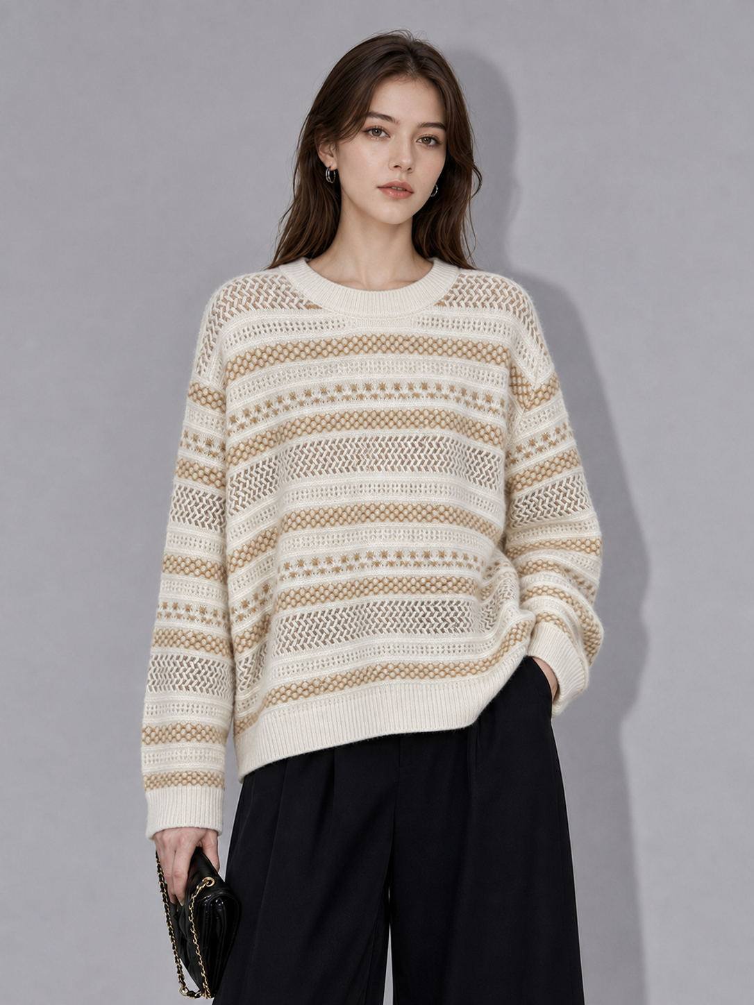 Women Hollow Out Knit Sweater Crochet Striped Pullover Ladies Crew Neck Oversized Beige Openwork Jumper Spring Knitwear
