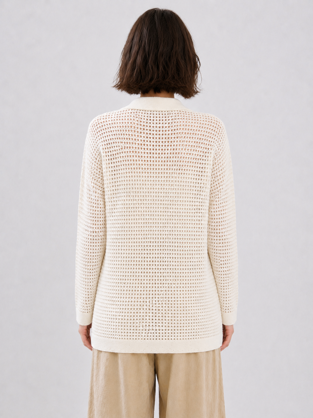 Womens Crochet Knit Cardigan Lapel Collar Button Front Mesh Hollow Out Cream Long Ladies Shirt Jacket Beach Cover Up