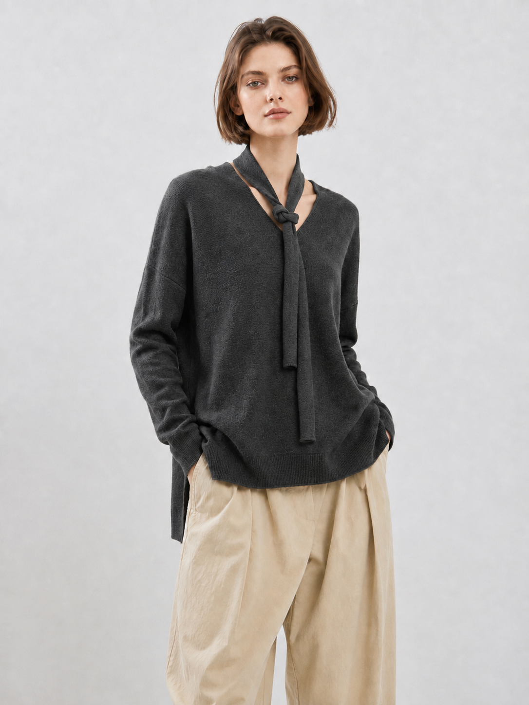 Women Burgundy Tie Neck Knit Sweater Long Sleeve Loose Fit Pullover Top with Side Slits for Casual Autumn Outfits