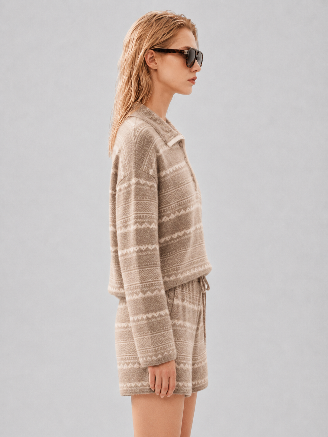 Women Fair Isle Knit Two Piece Set Polo Collar Button Sweater and Drawstring Shorts Beige Jacquard Lounge Outfit