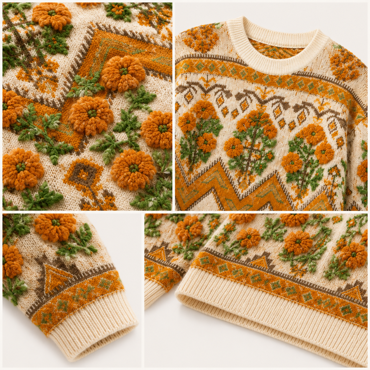 Retro jacquard pure wool women's sweater - woolen round-neck thick knitted top - cozy base layer to wear over other clothes