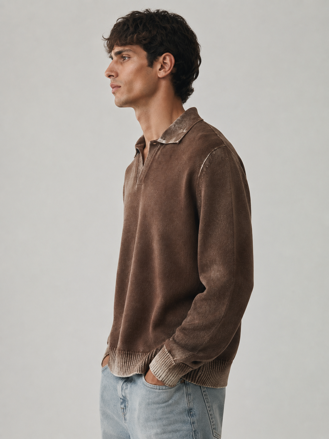 Men's Luxury Brown Polo Neck Knit Sweater Oversized Fit Casual Pullover Vintage Style Winter Jumper