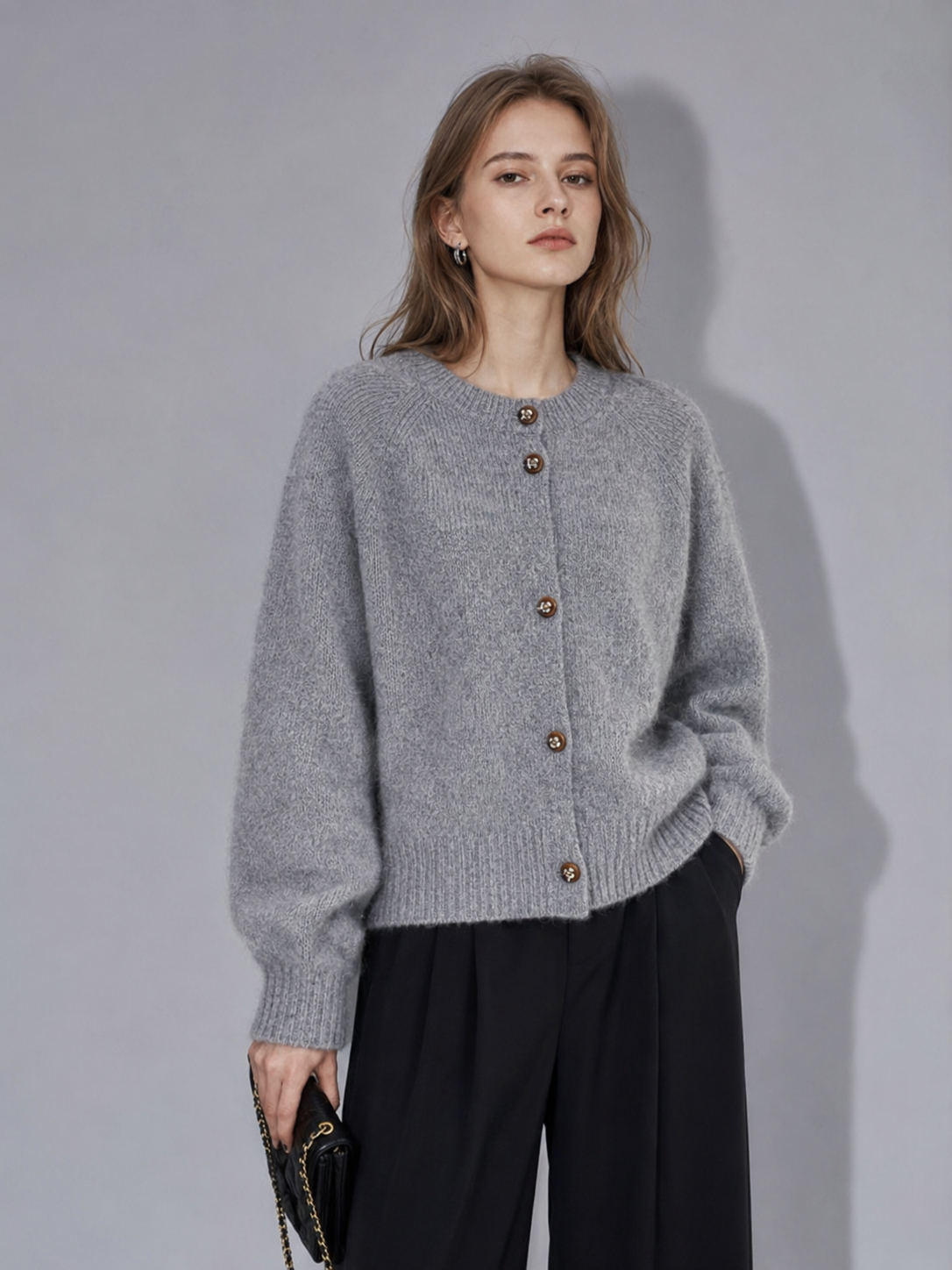 Premium Wool Cardigan Sweater – Soft Grey Minimalist Knit Jacket with Vintage Button Detail