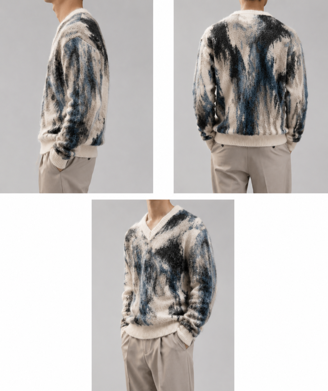 Customized Winter Fluffy Knit Sweater Long Jacquard Sleeve Leopard Men's V Neck Mohair Sweater