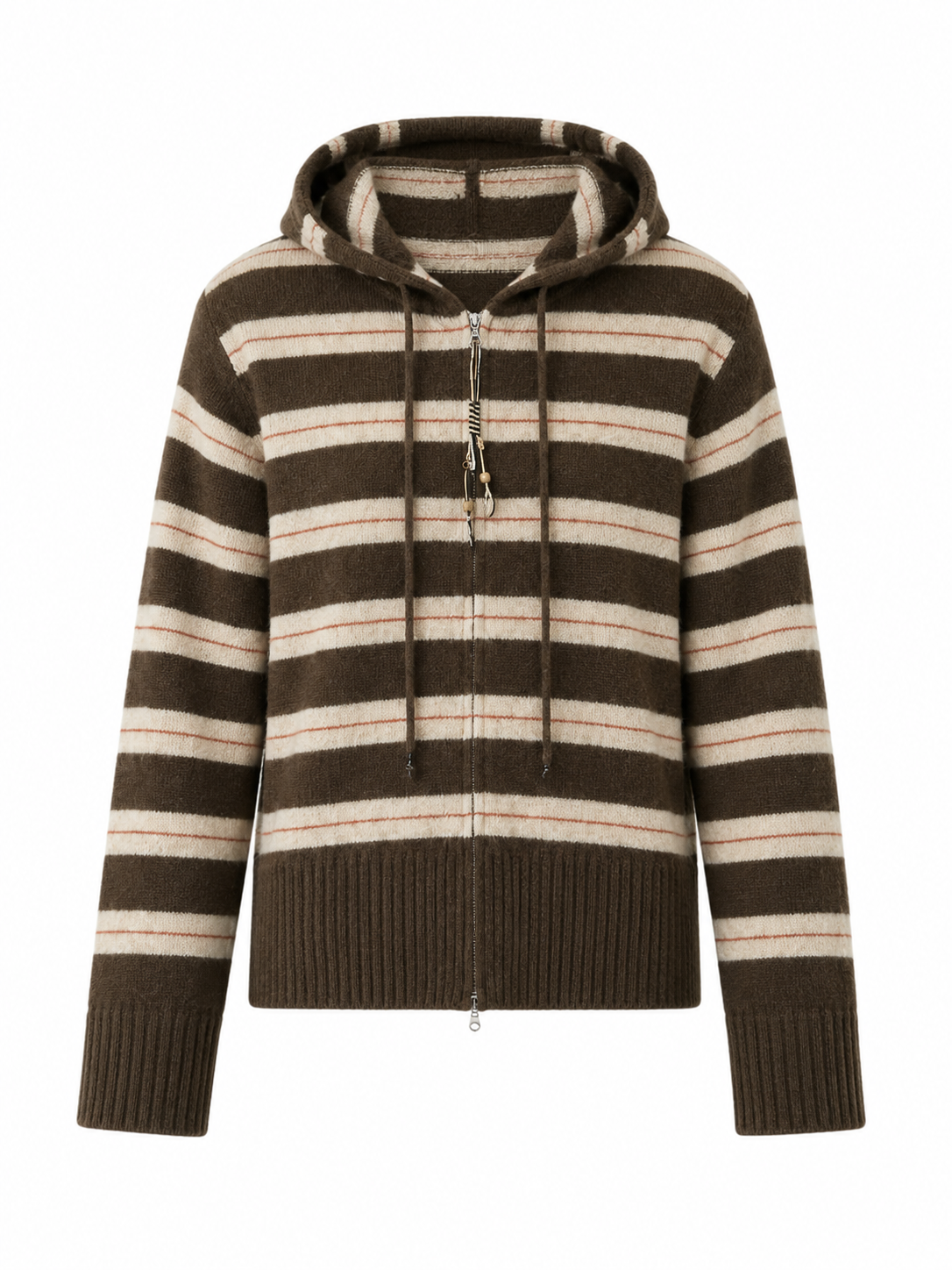 Luxury Wool Striped Hooded Cardigan Jacket – Vintage Zip Knit Sweater for Women