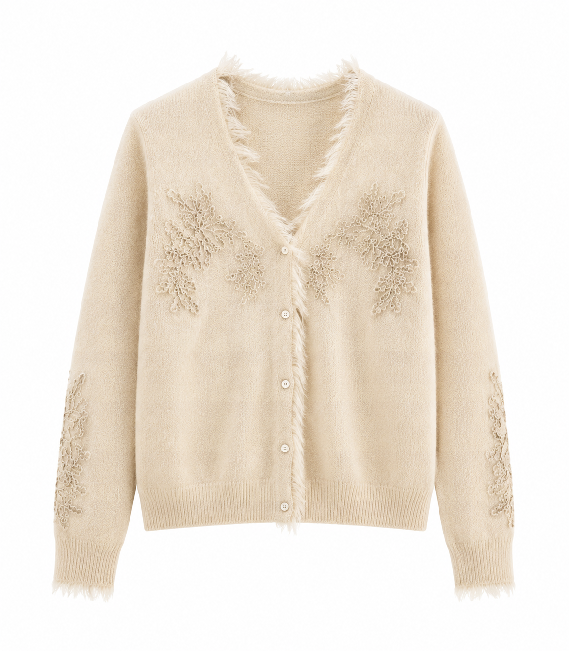 Women Knit Cardigan V Neck Button Up Floral Lace Applique Sweater Feather Fringe Trim Beige Soft Knitwear for Autumn