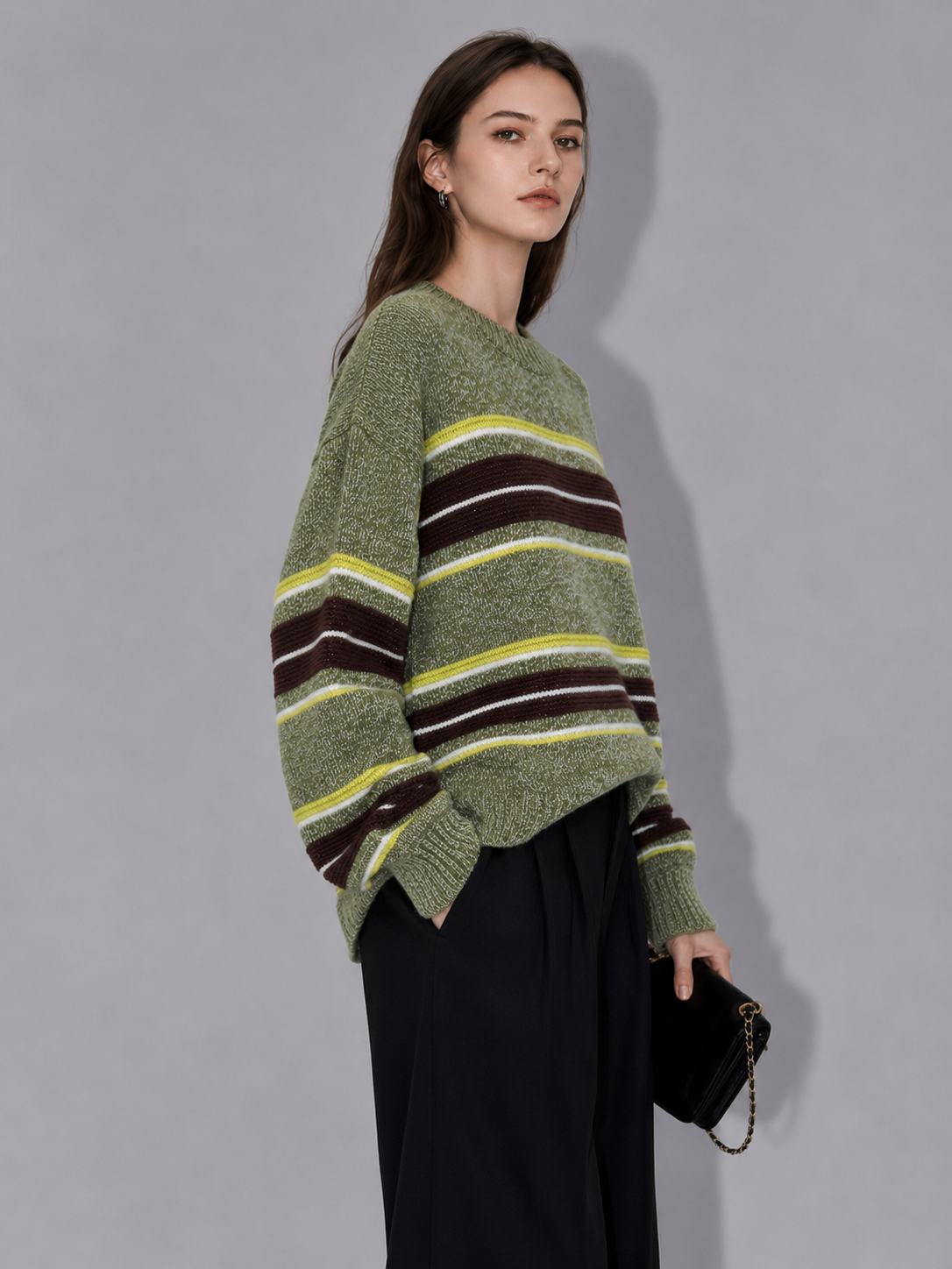 Luxury Wool Striped Sweater – Olive Green Vintage Knit Pullover with Retro Contrast Details	