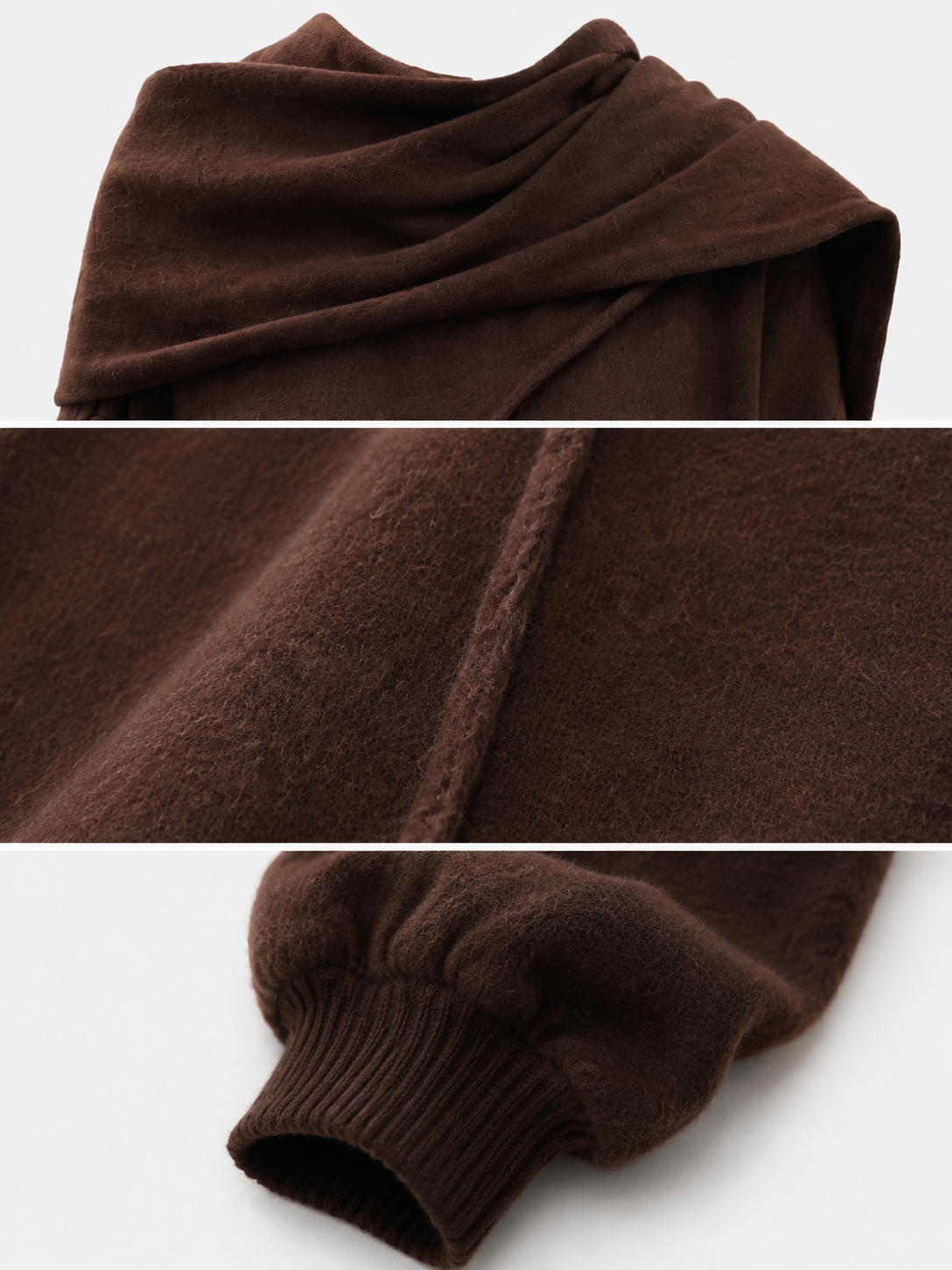 Dark Brown Women's Oversized Knit Sweater Asymmetric Draped Scarf Collar Long Sleeve Loose Pullover
