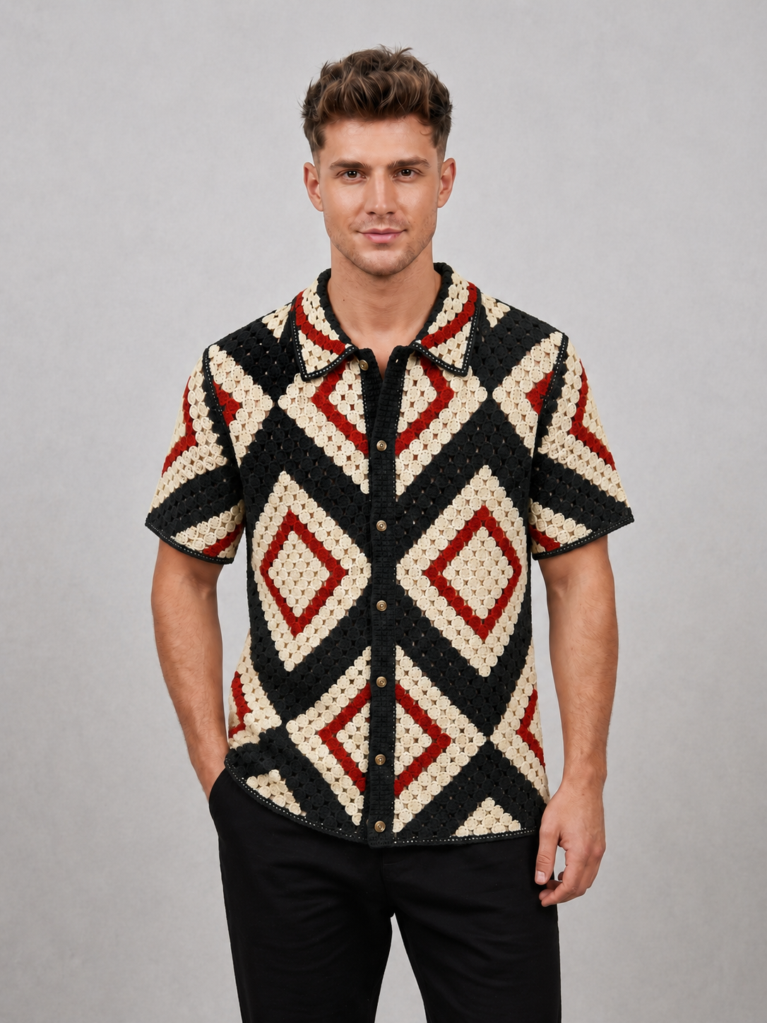 Vintage Geometric Crochet Knit Button-Up Shirt