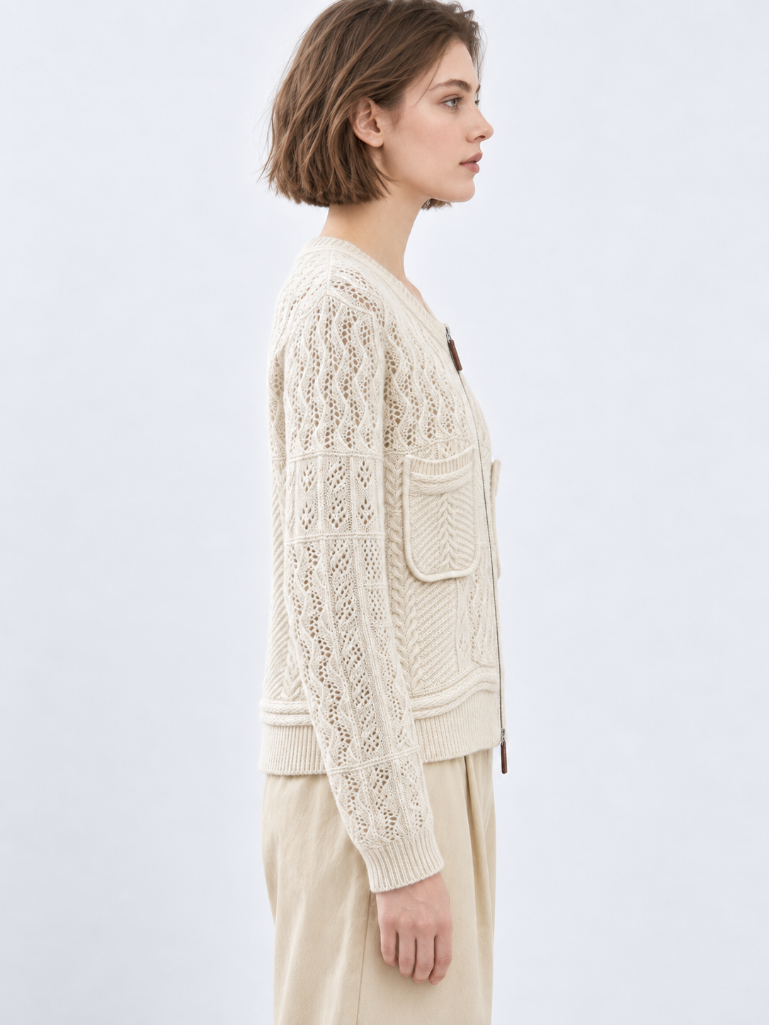 Women's Cable Knit Cardigan Crew Neck Zip Up Sweater Jacket with Four Patch Pockets Long Sleeve Casual Knitwear