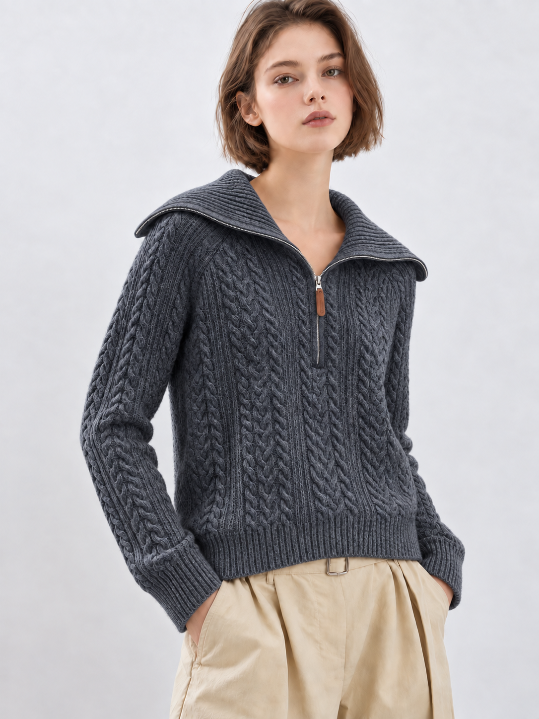 Women's Cable Knit Sweater Half Zip Wide Collar Long Sleeve Pullover Casual Fall Winter Jumper