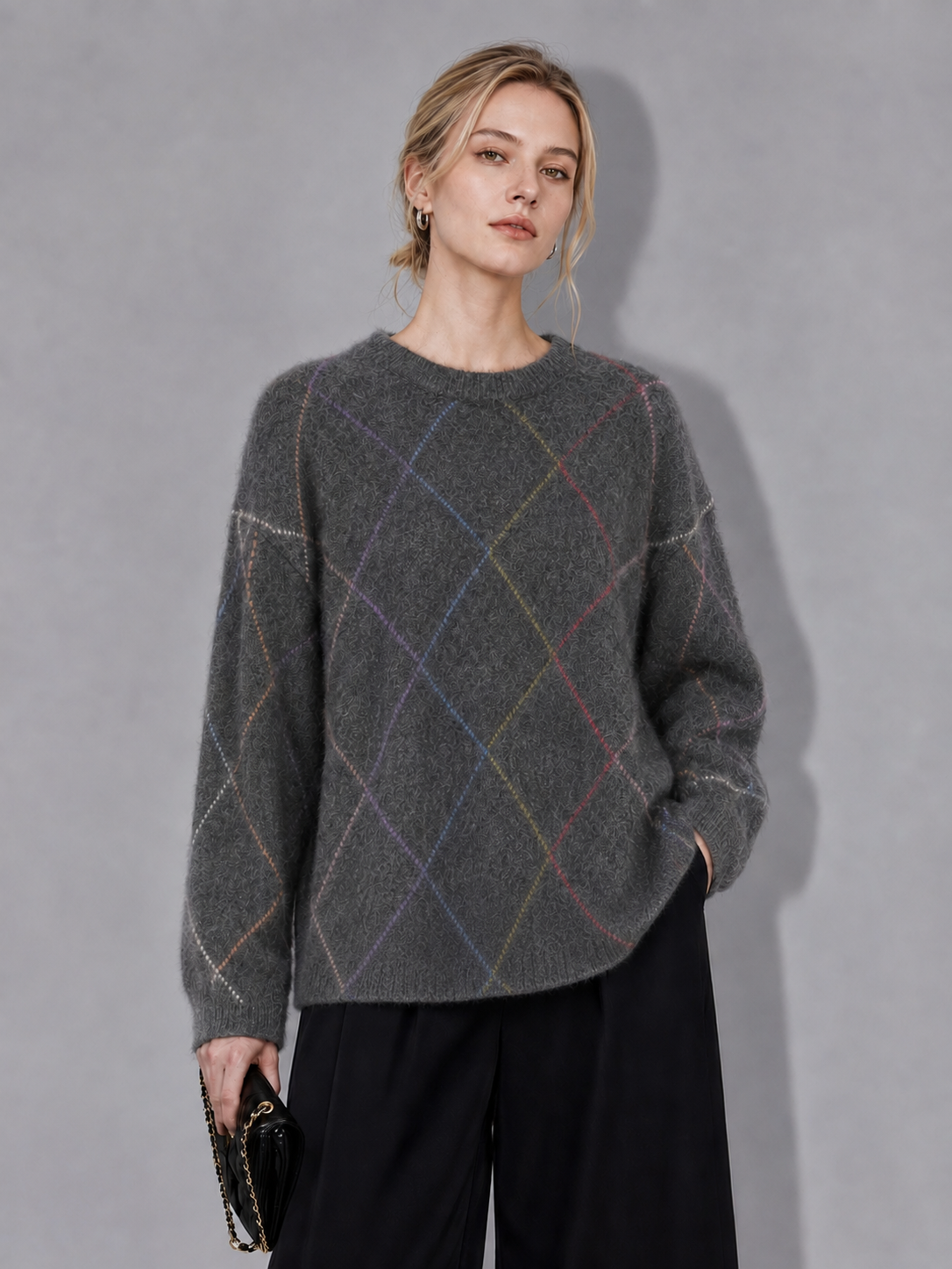 Womens Argyle Knit Sweater and Wide Leg Pants Set Round Neck Jacquard Pullover Ladies Autumn Winter Two Piece Knitwear