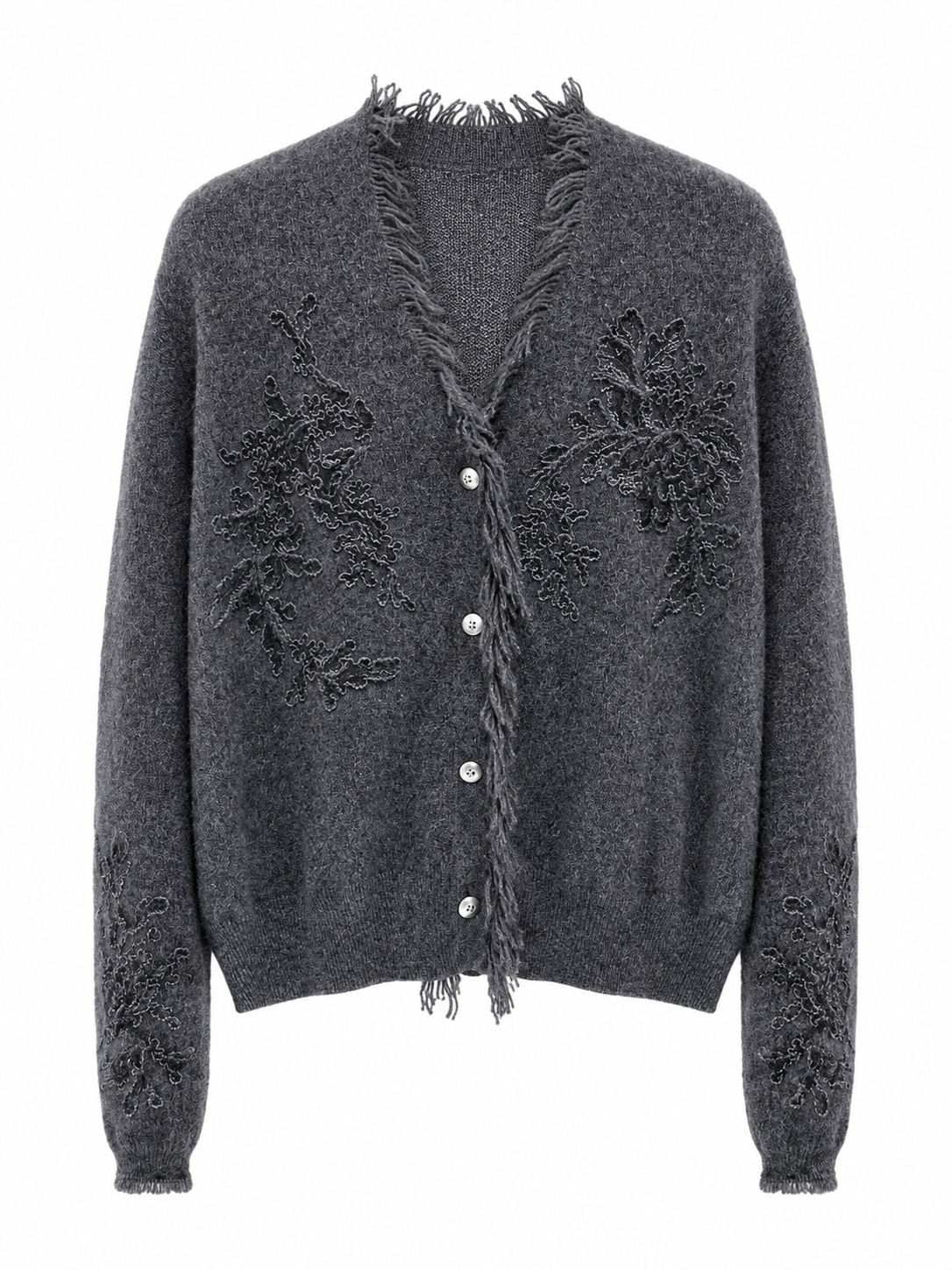 Women Knit Cardigan V Neck Button Up Floral Lace Applique Sweater Feather Fringe Trim Beige Soft Knitwear for Autumn