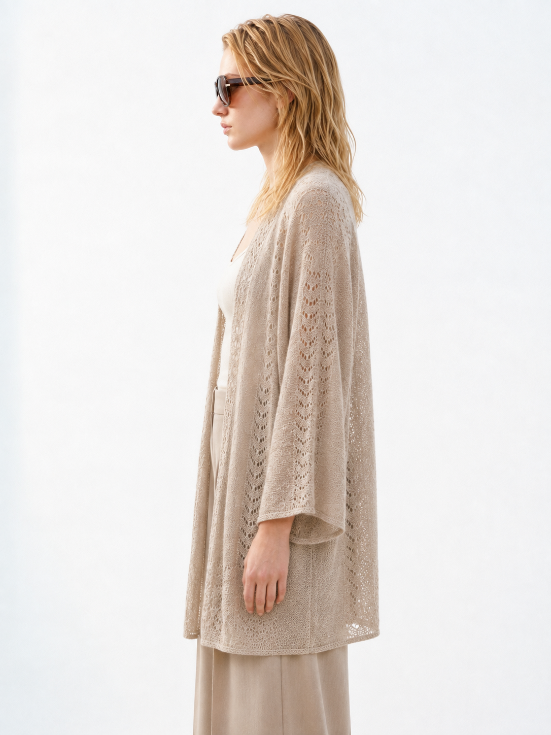 Women Open Front Pointelle Knit Cardigan Longline Lightweight Hollow Out Sweater Coat Loose Batwing Sleeve Beach Cover Up