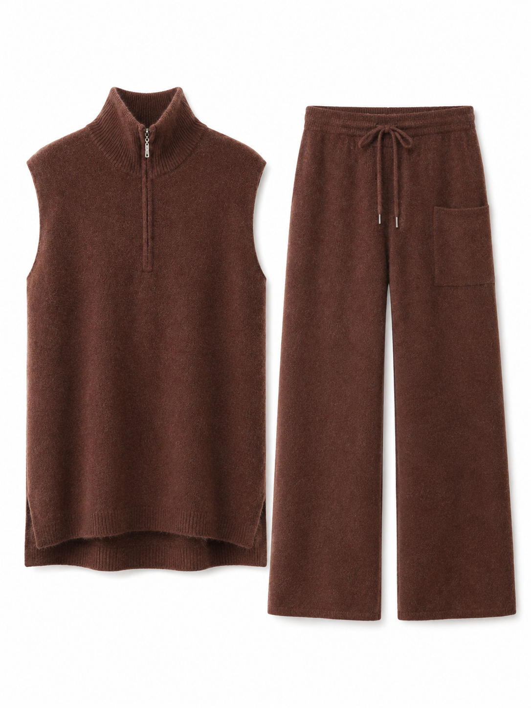 Women Knit Two Piece Set Half Zip Mock Neck Sleeveless Vest and Drawstring Wide Leg Pants Brown Lounge Outfit