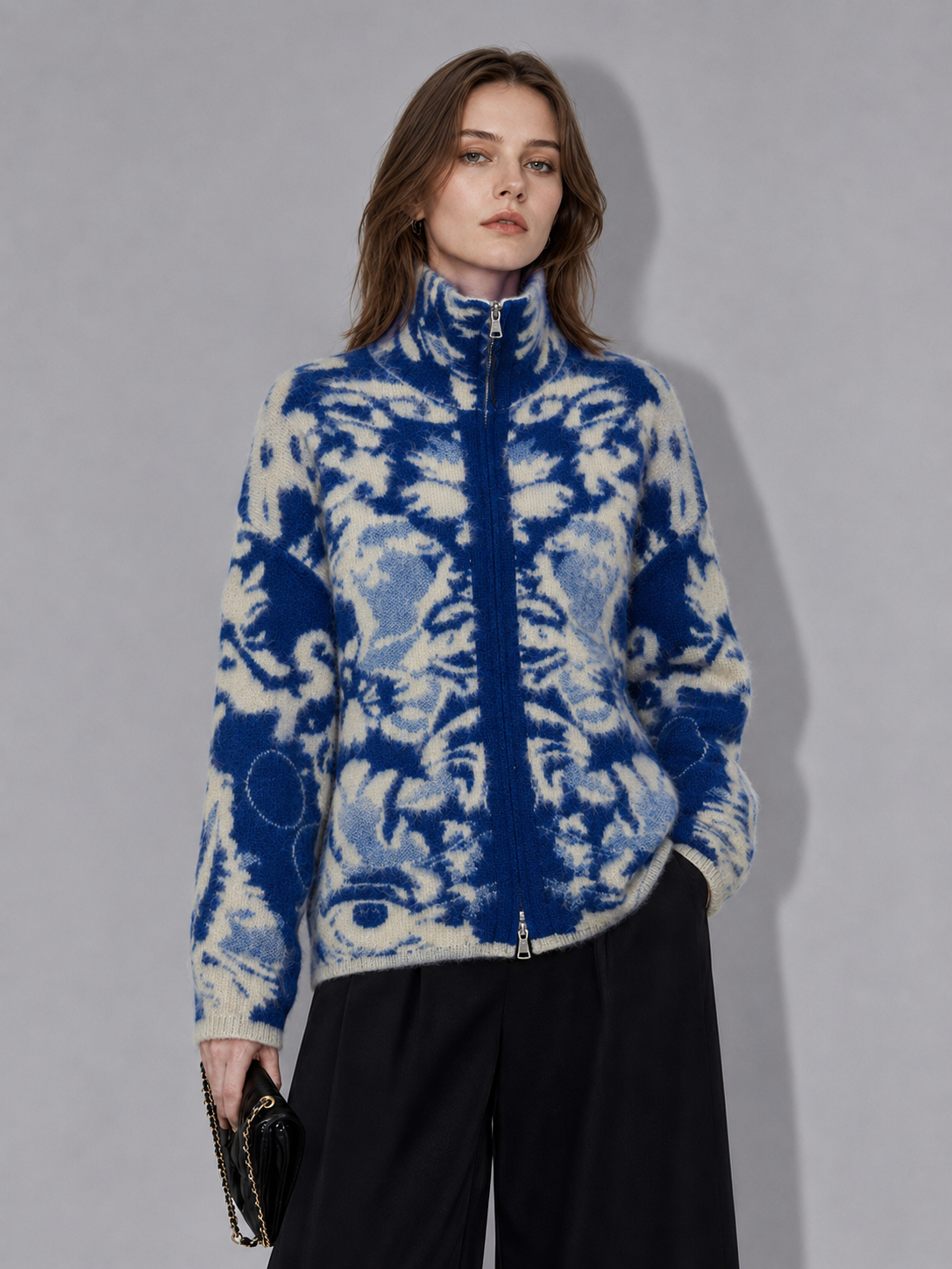 Women’s Artistic Blue & Ivory Jacquard Zip-Up Sweater Soft Brushed High-Neck Cardigan