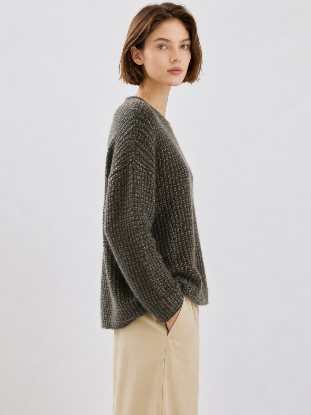 Waffle Knit Mohair Sweater Women Olive Green Textured Chunky Crew Neck Oversized Drop Shoulder Pullover Fuzzy Jumper