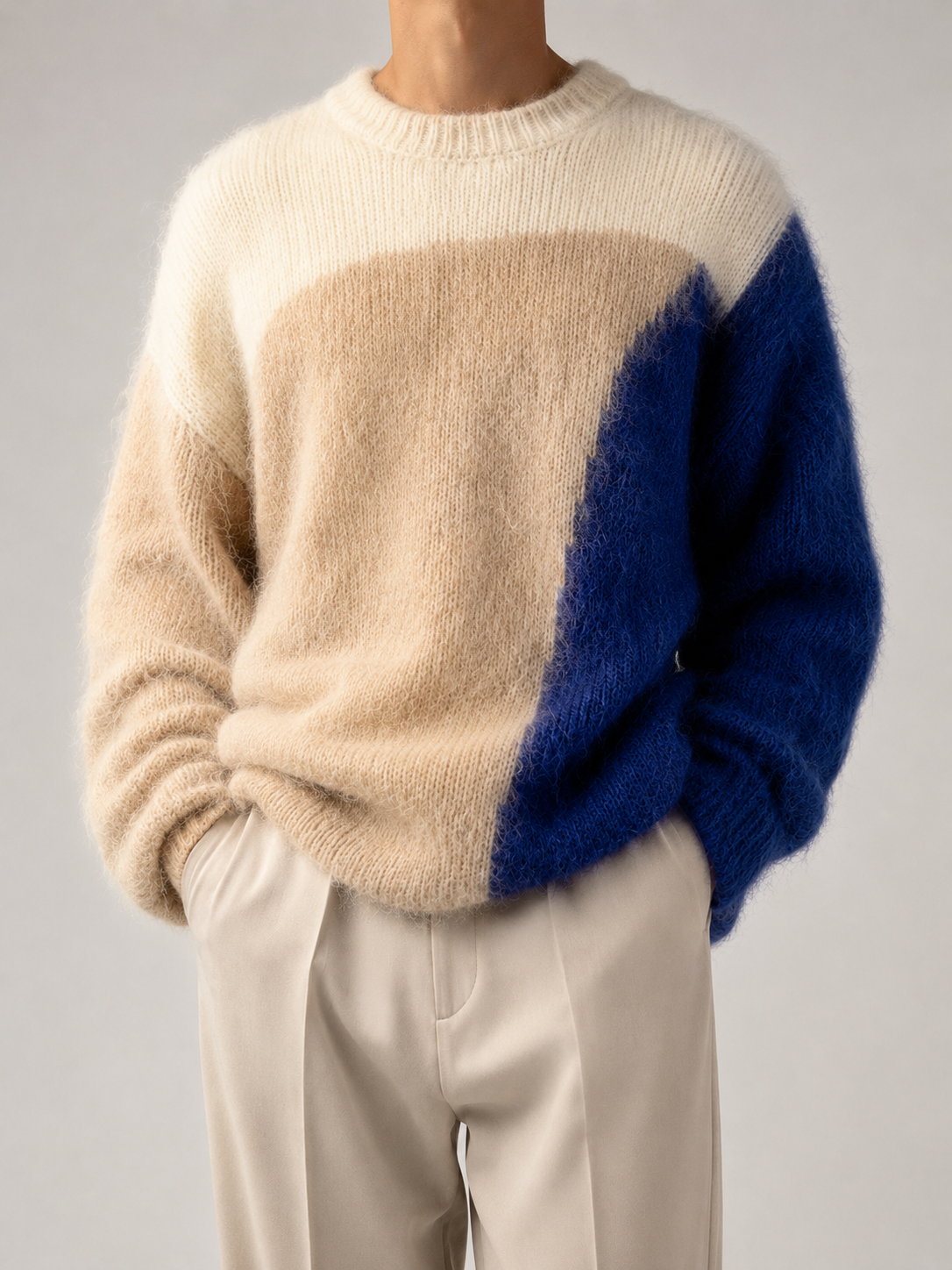Custom Men's Casual Mohair Knitted  Sweater Dropped Shoulder Pullover with Winter Crew Neck Long Sleeves