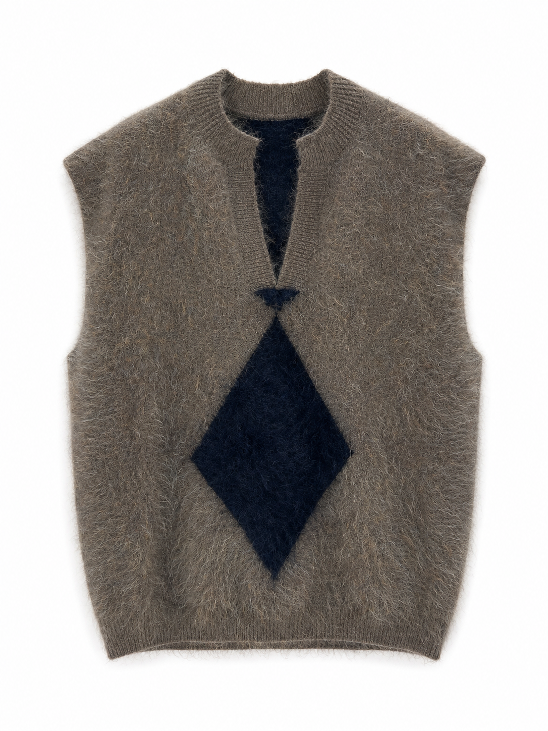 Women Fuzzy Knit Vest Sleeveless Mohair Sweater Argyle Diamond Intarsia Split Neck Khaki Knitted Tank Top for Autumn