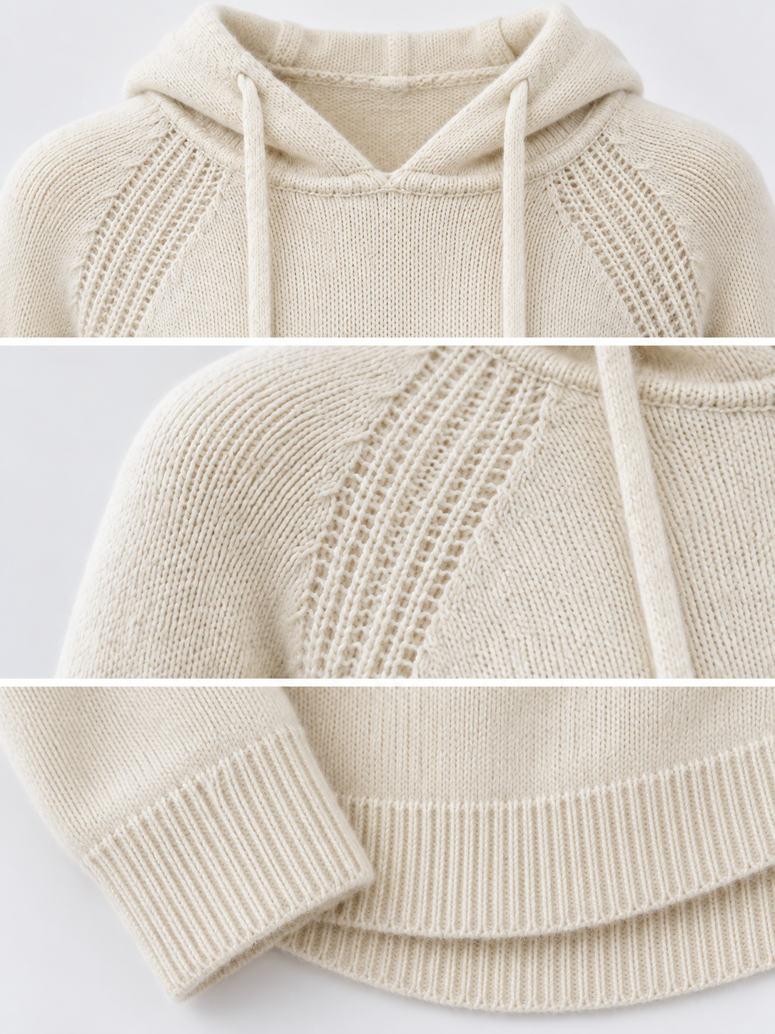 Women's Hooded Knit Sweater Long Sleeve Drawstring Pullover with Ribbed Raglan Detail Relaxed Fit Casual Jumper