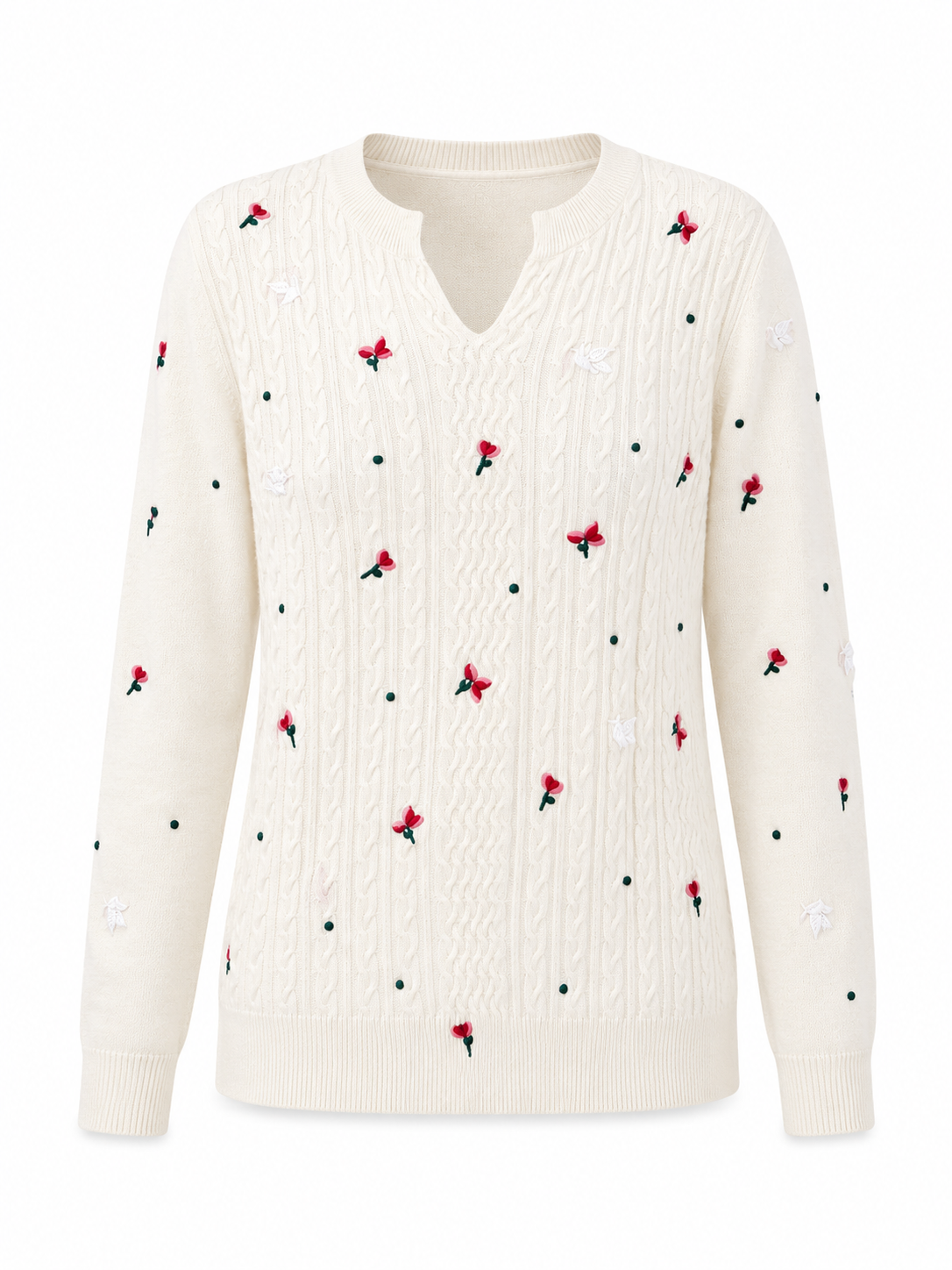 Womens Floral Embroidered Cable Knit Sweater Notch V Neck Pullover Ivory Ladies Jumper Autumn Winter Knitwear Top