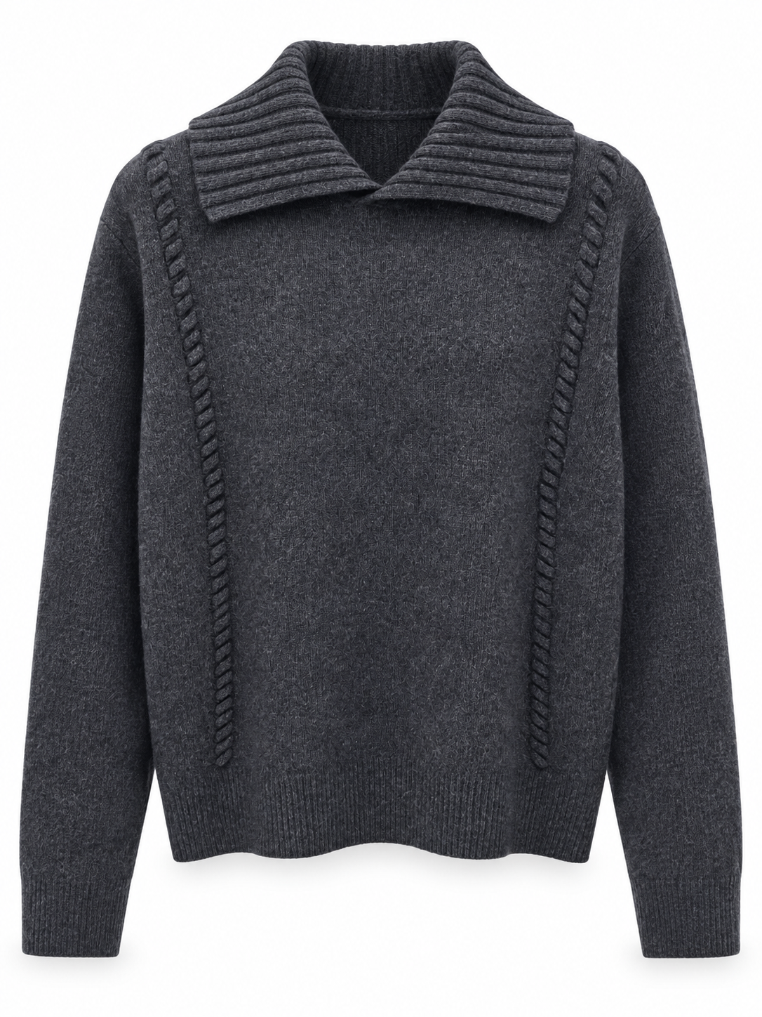 Women's V Neck Knit Sweater Wide Collar Long Sleeve Pullover with Contrast Braided Trim Relaxed Fit Casual Jumper