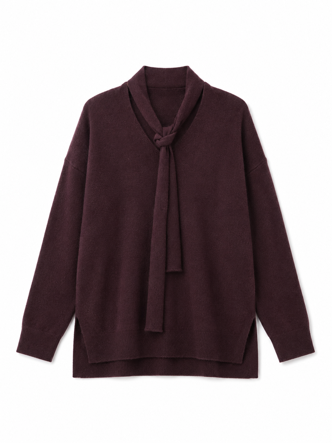 Women Burgundy Tie Neck Knit Sweater Long Sleeve Loose Fit Pullover Top with Side Slits for Casual Autumn Outfits