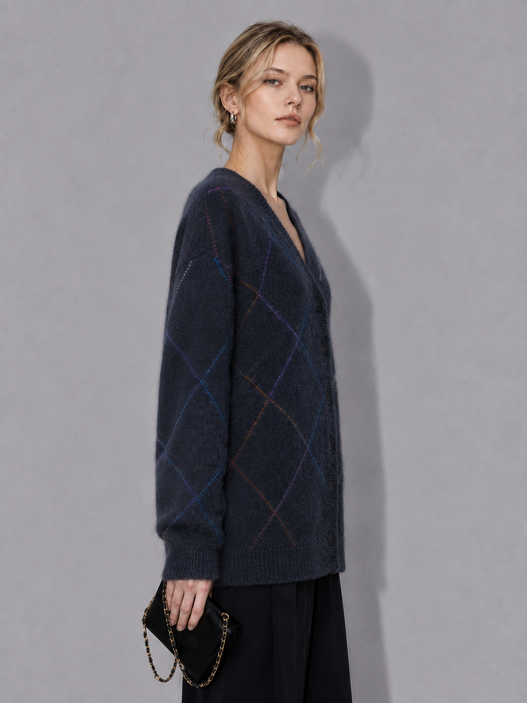Womens Argyle Knit Cardigan V Neck Button Down Oversized Sweater Ladies Long Sleeve Autumn Winter Knitted Jumper Coat