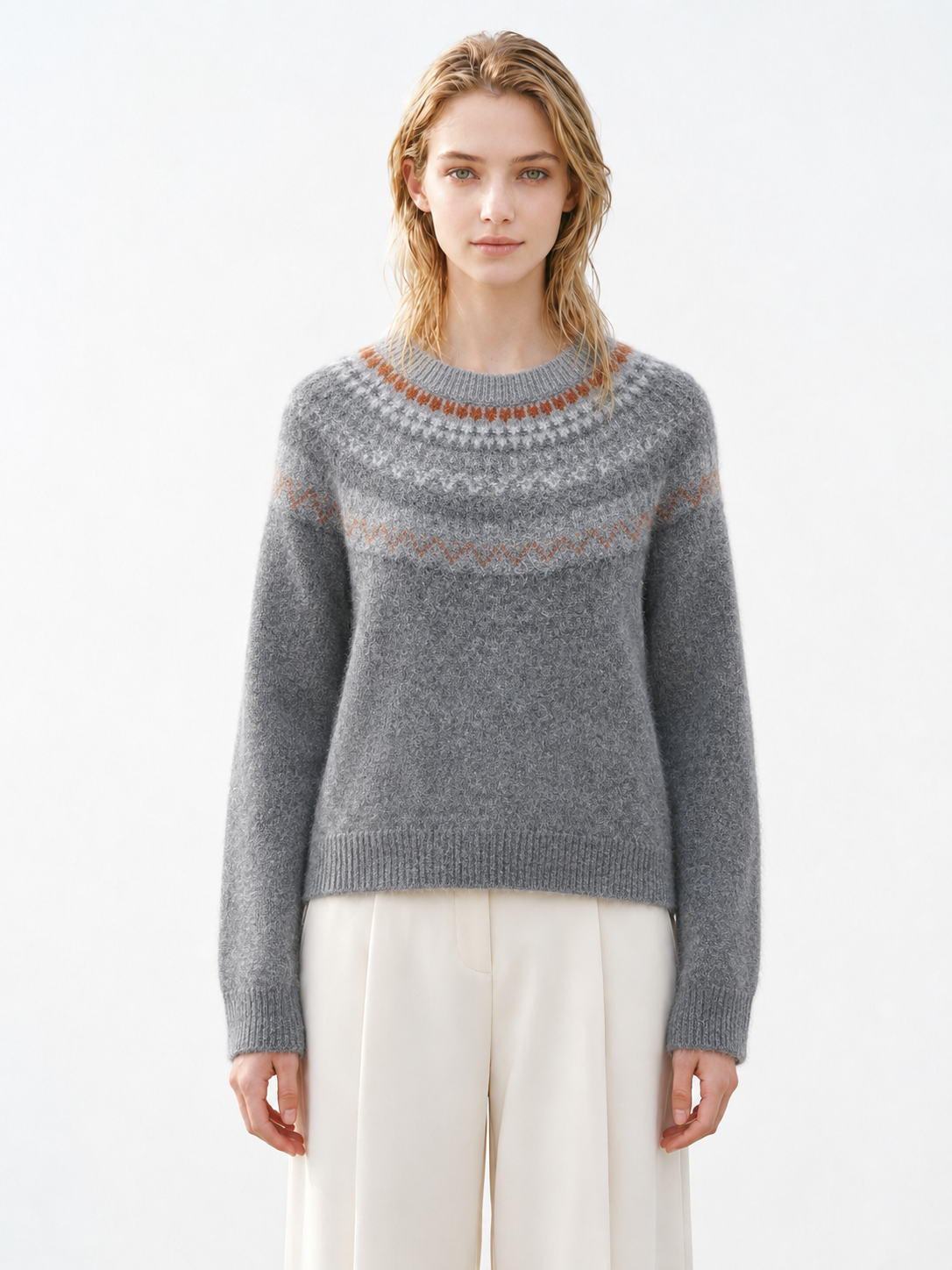 Women Fair Isle Sweater Nordic Jacquard Yoke Knit Pullover Ladies Crew Neck Fuzzy Jumper Grey Winter Knitwear