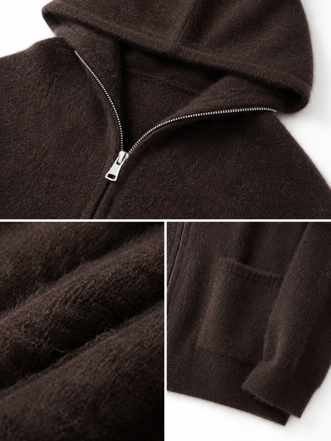 Brown Fuzzy Knit Zip Up Hoodie Women Oversized Brushed Hooded Cardigan Sweater Drop Shoulder Soft Knitwear for Autumn