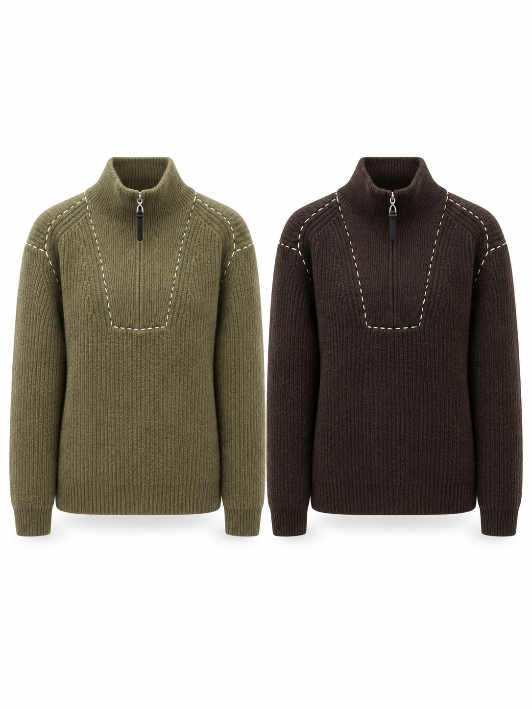 Women's Half Zip Ribbed Knit Sweater Mock Neck Long Sleeve Pullover with Contrast Stitching Relaxed Fit Jumper