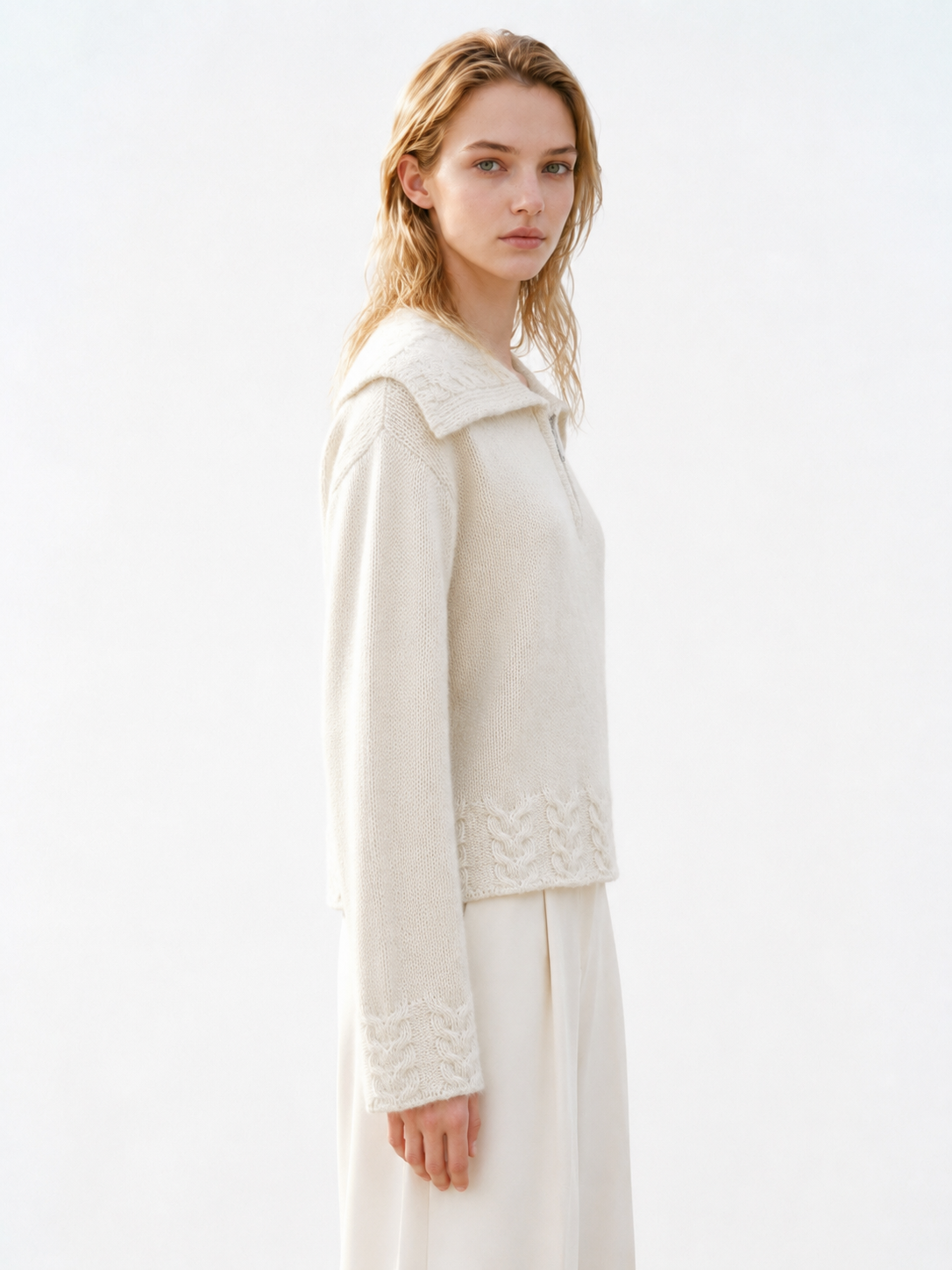 Women Half Zip Cable Knit Sweater Oversized Lapel Collar Pullover Ladies Knitted Jumper Solid Cream Winter Knitwear