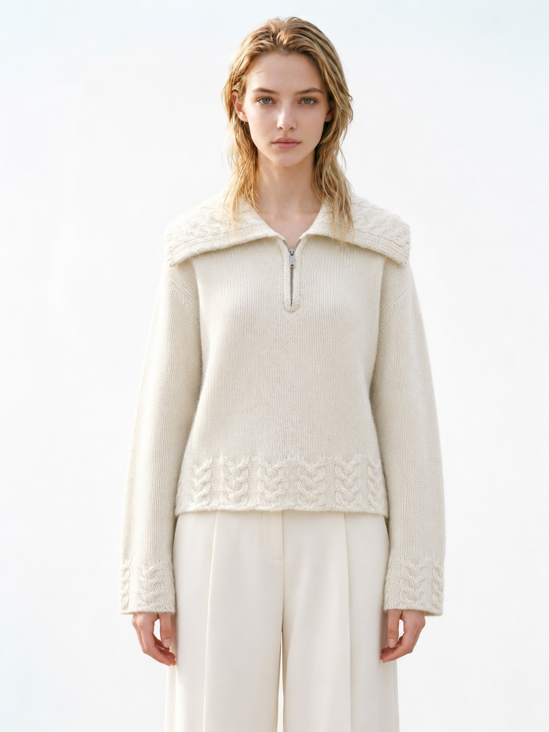 Women Half Zip Cable Knit Sweater Oversized Lapel Collar Pullover Ladies Knitted Jumper Solid Cream Winter Knitwear