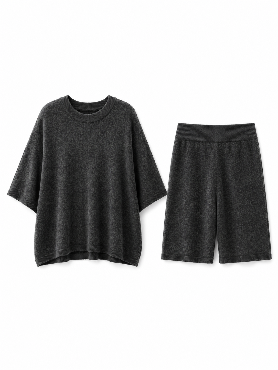 Women Knit Two Piece Set Short Sleeve Crew Neck Sweater and Wide Leg Bermuda Shorts Dark Grey Lounge Outfit Suit