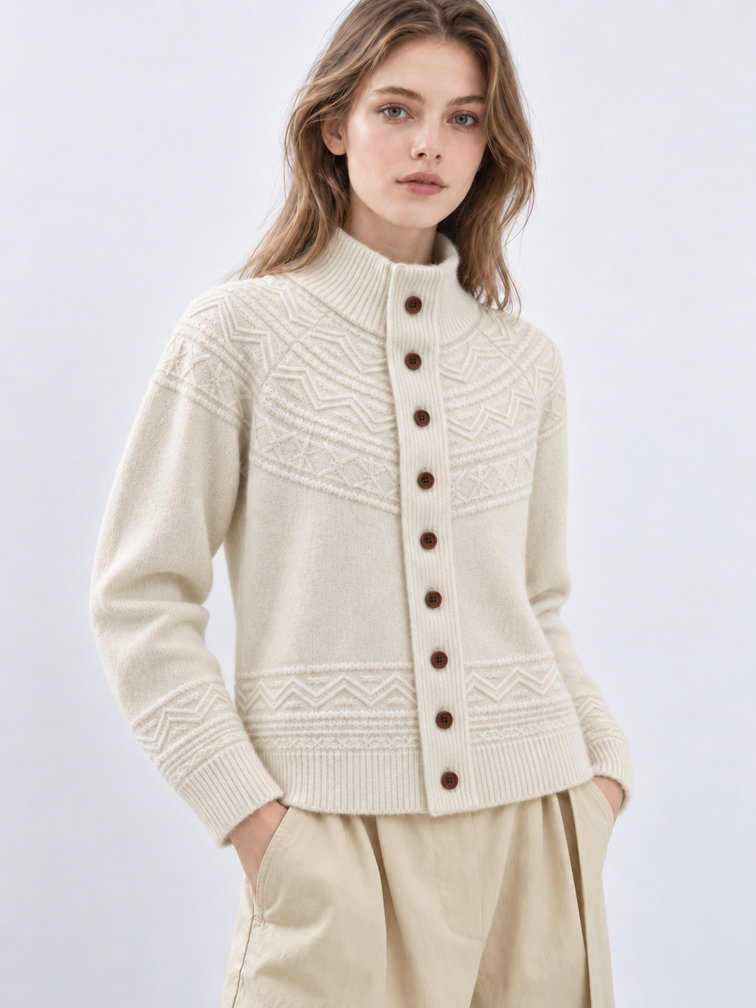 Women's Mock Neck Button Up Knit Cardigan Long Sleeve Textured Sweater Jacket with Geometric Pattern and Ribbed Trim