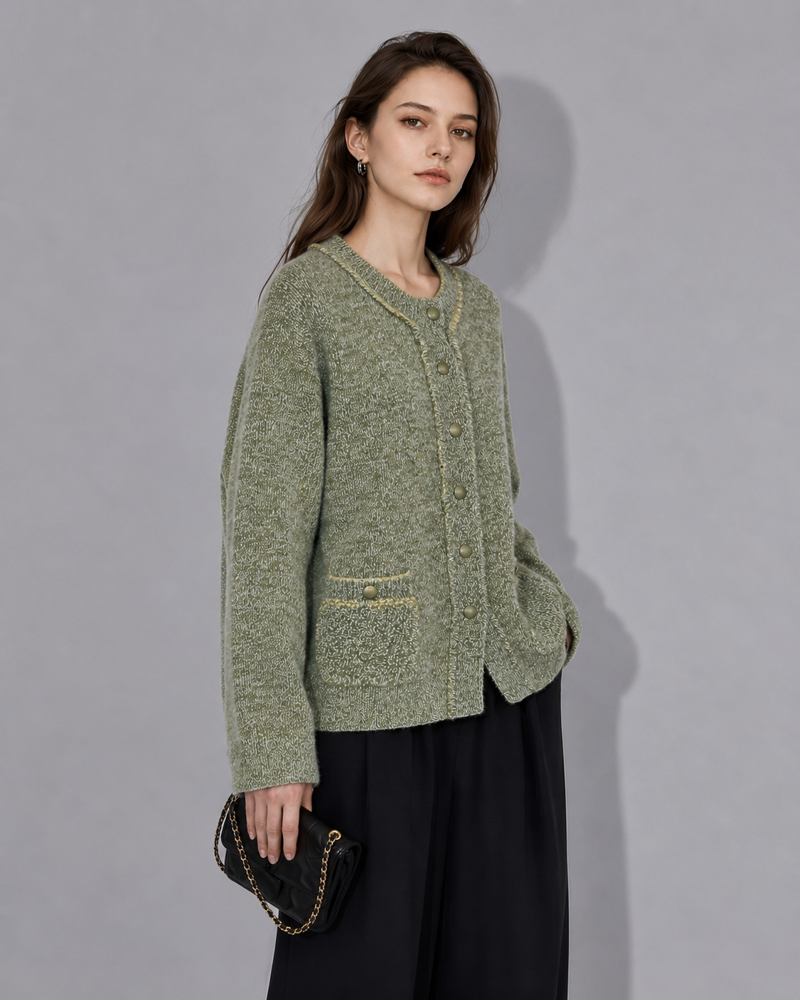 Luxury Wool Cardigan Sweater – Olive Green Minimalist Knit Jacket with Vintage Button Detail	