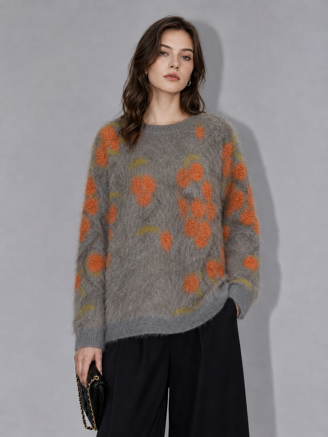 Women Crew Neck Flocking Floral Sweater Soft Knit Fabric Drop Shoulder Loose Retro Country Style Autumn Long Sleeve Pullover