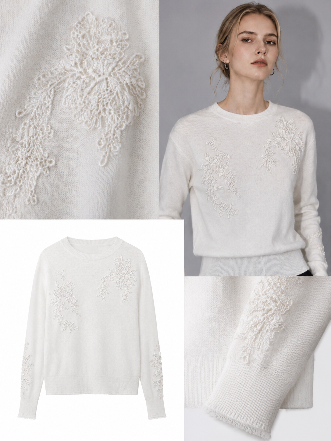 Custom OEM ODM Crewneck Cashmere Sweater Women Floral Embroidery Neckline Soft Premium Cashmere Knit Jumper